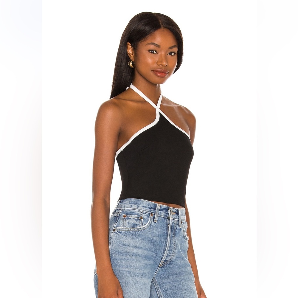 superdown Black Halter Crop Tank with White Trim